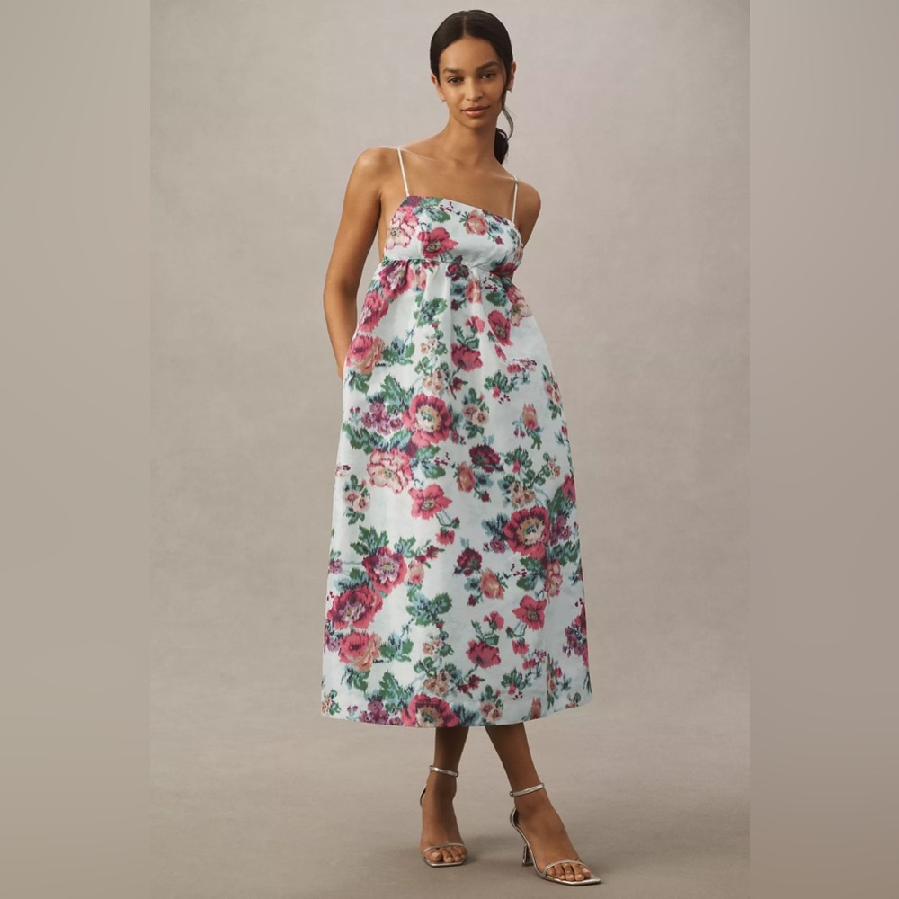 NWT! BHLDN Sophia Apron-Top Jacquard Midi Dress for Anthropologie - Teal Floral